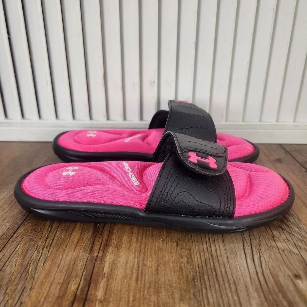 Under Armour Ignite VI Slides Youth Size 2Y Black Pink Adjustable Strap Sandals